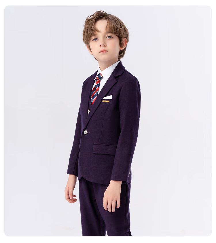 LUOBOBEIBEI Boys' Suit Spring Formal Wear Set, Children's Stylish Small Suit, Piano Greeting Outfit, Blue Plaid Five-Piece Set, Size 120 8