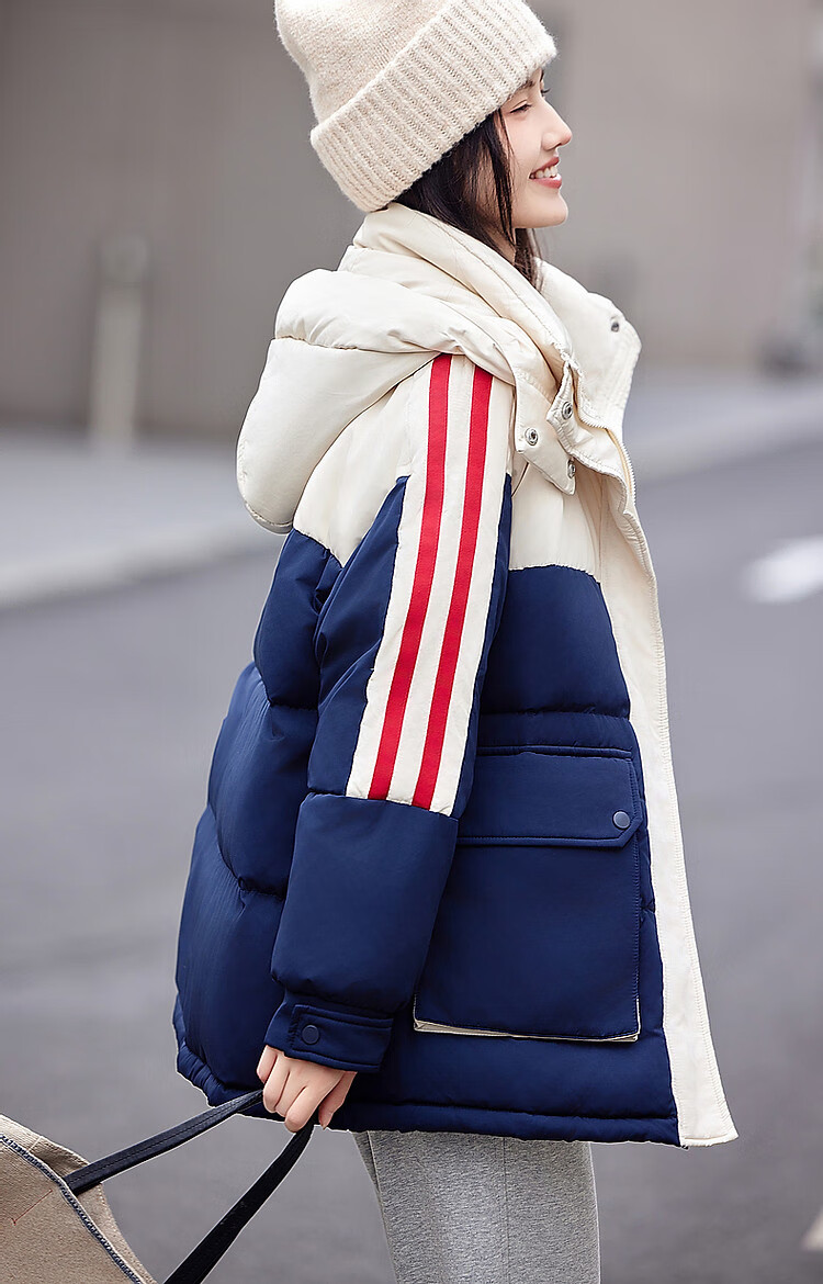 Dme [Xueji Lian Dong] Winter Warmth 90% Duck Down Hooded Windproof Stand Collar Contrasting Color Letter down Jacket Women's Coat 8