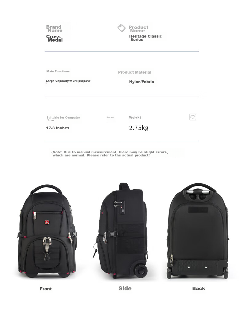 CROSSGEAR Backpack with Wheels, 17.3-Inch Large Capacity Business Travel Luggage, Carry-On Suitcase, Student Backpack 19