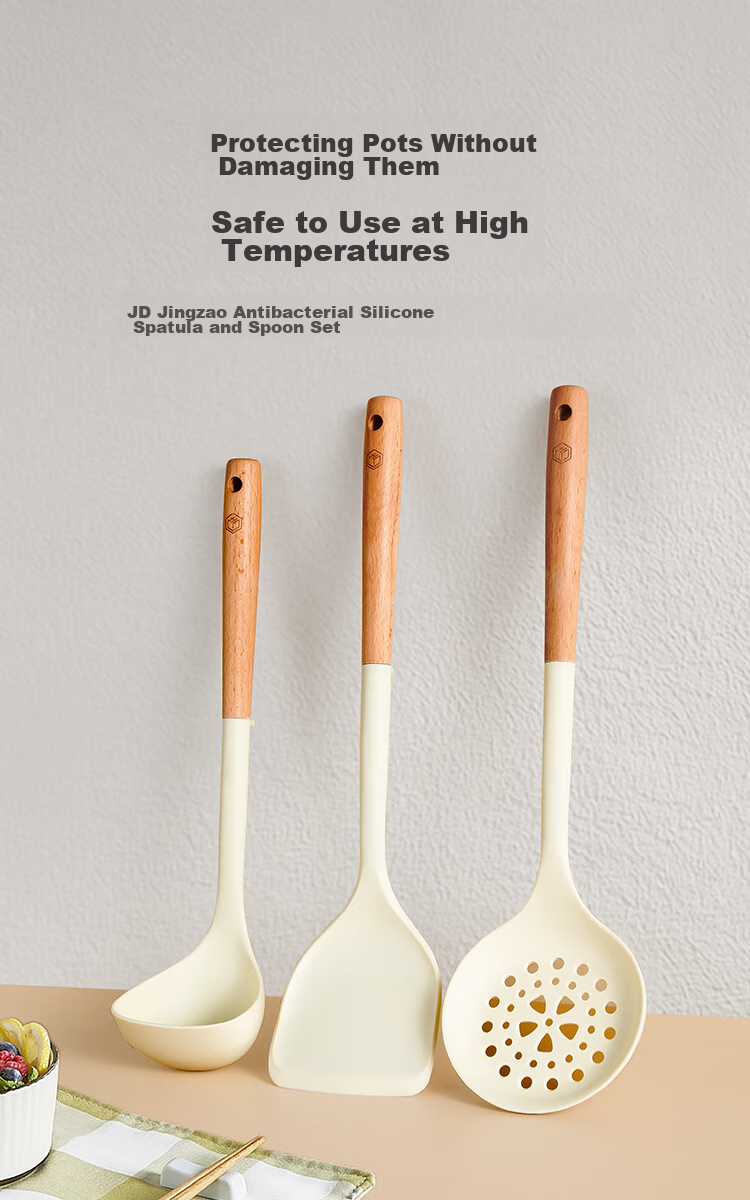 JD Original Spatula, Ladle, And Soup Spoon Set for Non-Stick Pans with Beech Wood Handles [Antibacterial Silicone] Three-Piece Spatula Set 2