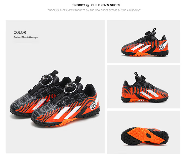 SNOOPY Boys' Football Shoes Kids' Durable Training Sports Shoes 3875 Black Orange Size 36 8