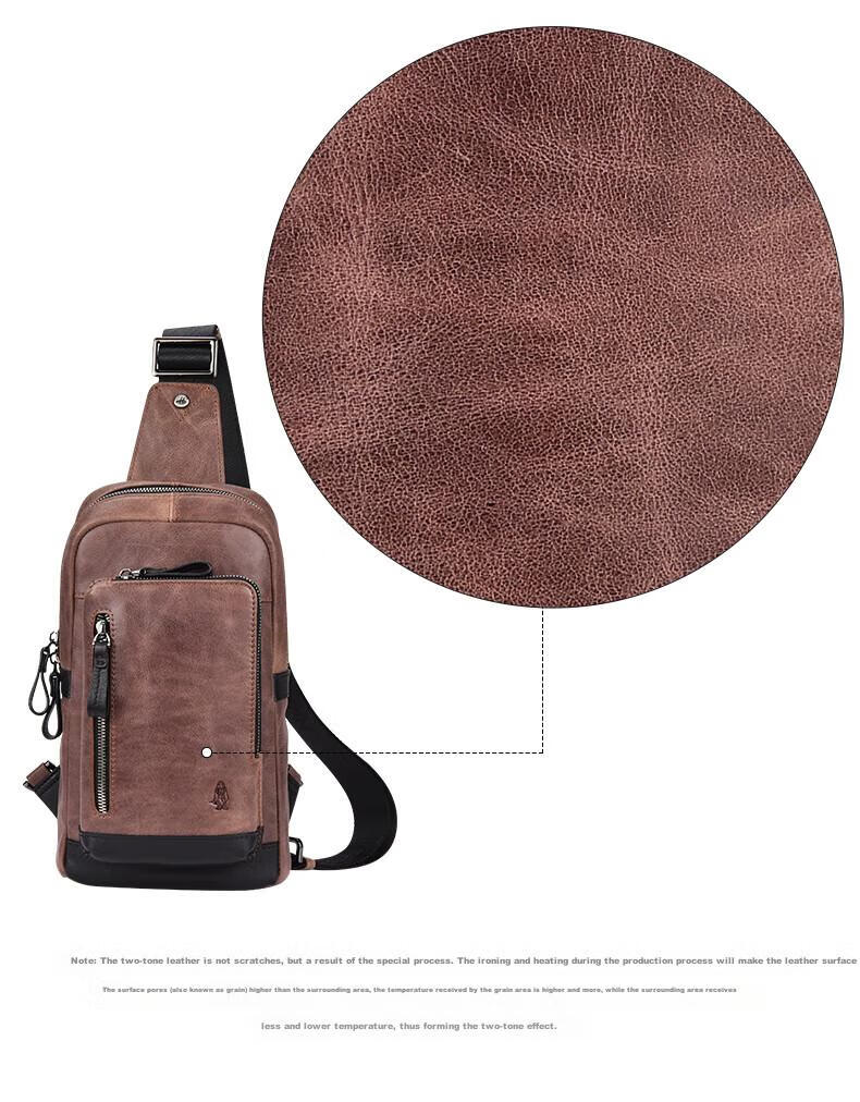 Hush Puppies Crossbody Bag for Men, Niche Design Chest Pack, Casual Retro Genuine Leather Shoulder Bag, Sports Shoulder Bag, Coffee Color 3