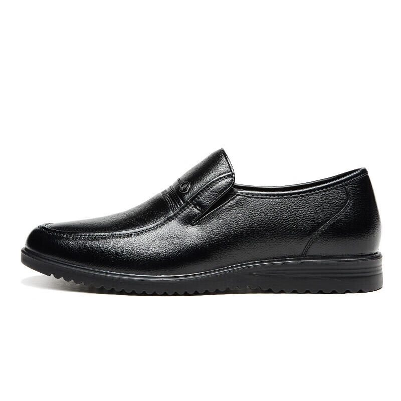 Kangnai Men's Leather Shoes, Round Toe Slip-On Formal Shoes, Lightweight Comfortable Loafers, Middle-Aged Business Casual Shoes, Black, Size 41