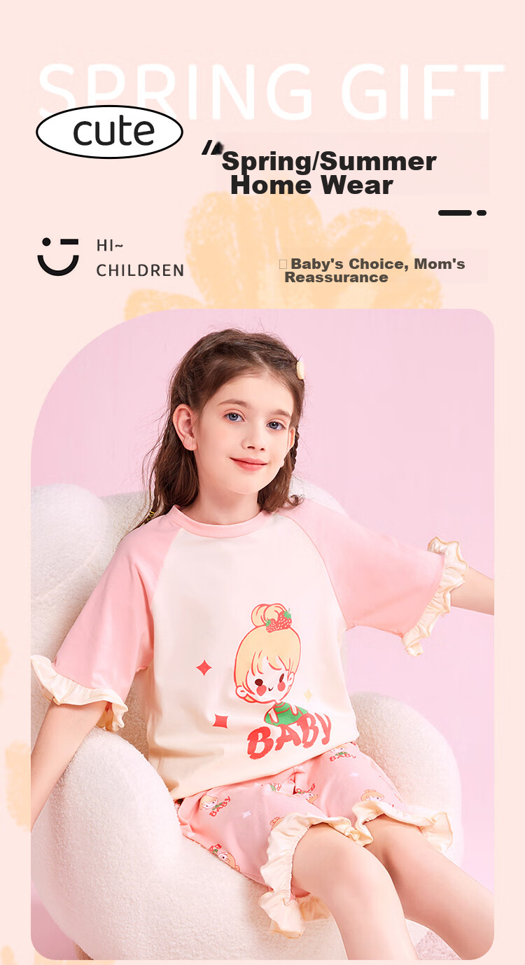 LangSha Children's Pajamas, Girls' Summer Thin Pure Cotton Sleepwear for Older Children And Teenage Girls, Short-Sleeve Home Wear Set, Pink, Size 130 1