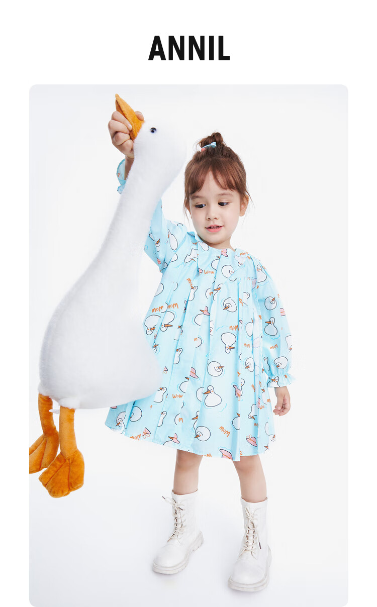 Annil Girls' Long-Sleeve Dress for Spring, Blue Floral Pattern, Size 100 1