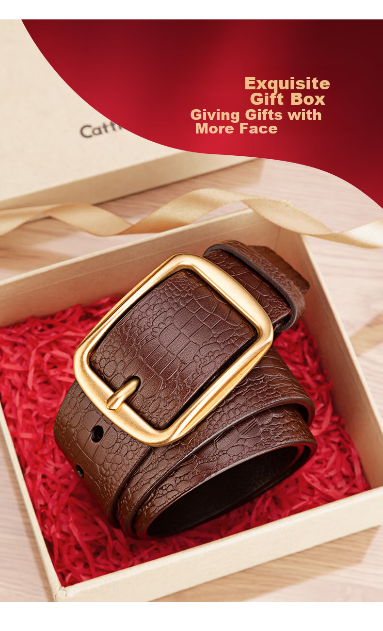 Cattlesboss Men's Belt, Alligator Pattern, Top-Grain Leather, Pin Buckle with Copper Clasp, 1986 Gift for Dad, Dark Brown, 110cm 3