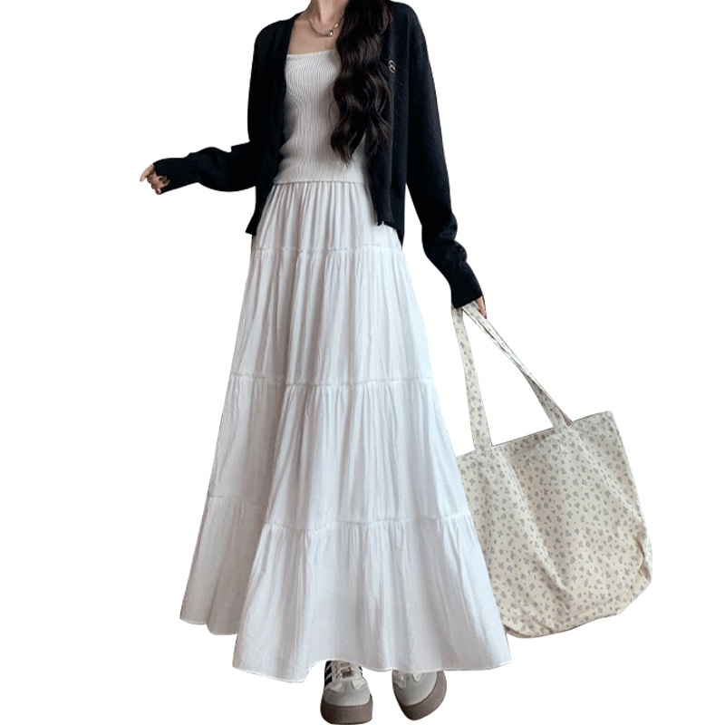 LangSha White A-Line Skirt for Women, Spring And Summer Lightweight High-Waist Pleated Cake Skirt, Elegant Ballet Long Skirt for Wome