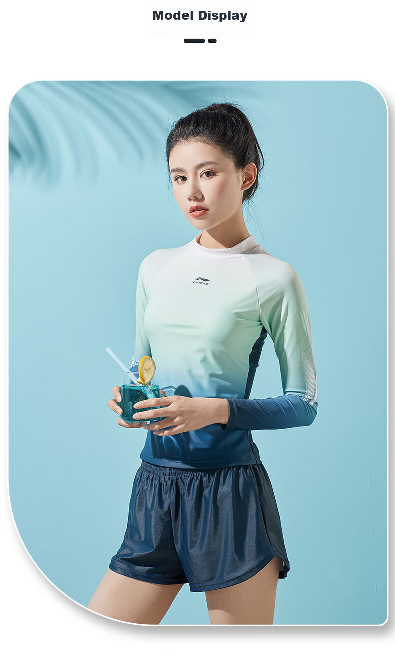 Li-Ning Women's Swimsuit, Sports Casual Two-Piece Swimwear, Fashionable Color-Block Long-Sleeve Hot Spring Resort Swimwear, 072 Blue Pink, 3XL 10
