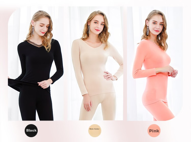 LangSha Women's Autumn Underwear Set, Lace Body-Shaping Seamless Slim-Fit Thin Thermal Underwear Base Layer, Pink New Arrival 13