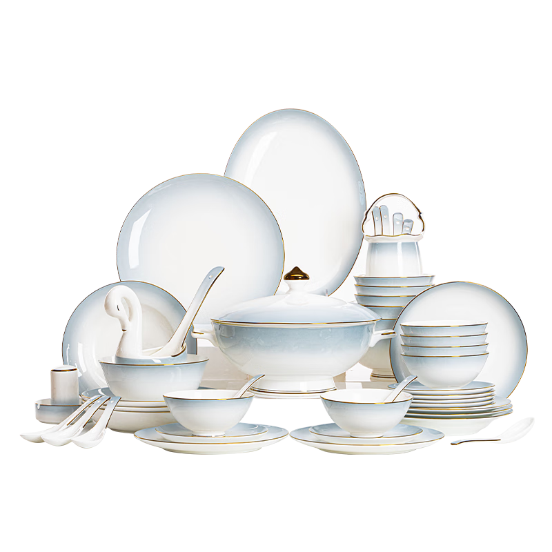 JD Original Bowl And Plate Set, Jingdezhen Porcelain Dinnerware Set, Housewarming Gift, Bone China Gift Box, "Like Water Flowing Through The Years" Design, 62 Pieces