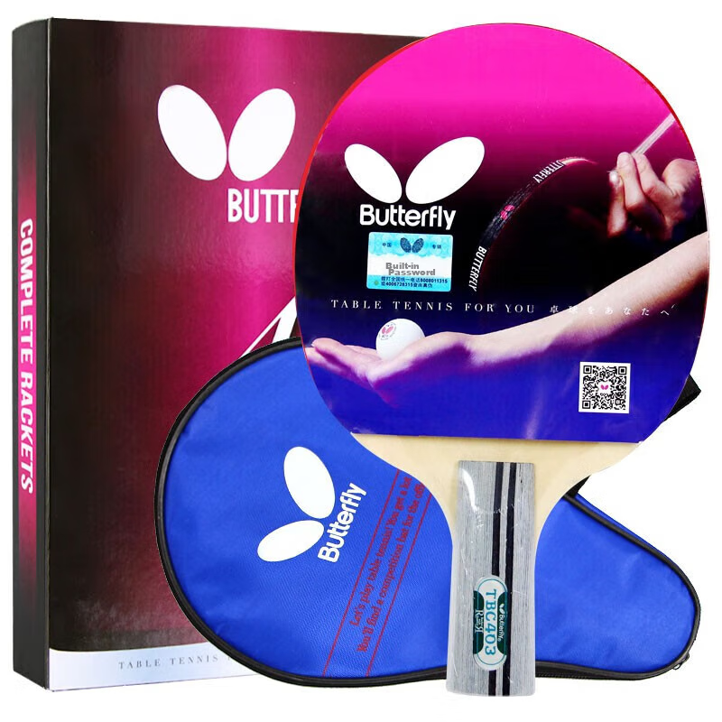 BUTTERFLY Four-Star Table Tennis Racket, Straight Handle, Reverse Rubber And Positive Rubber Combination, Single Racket 403, Includes Racket Case