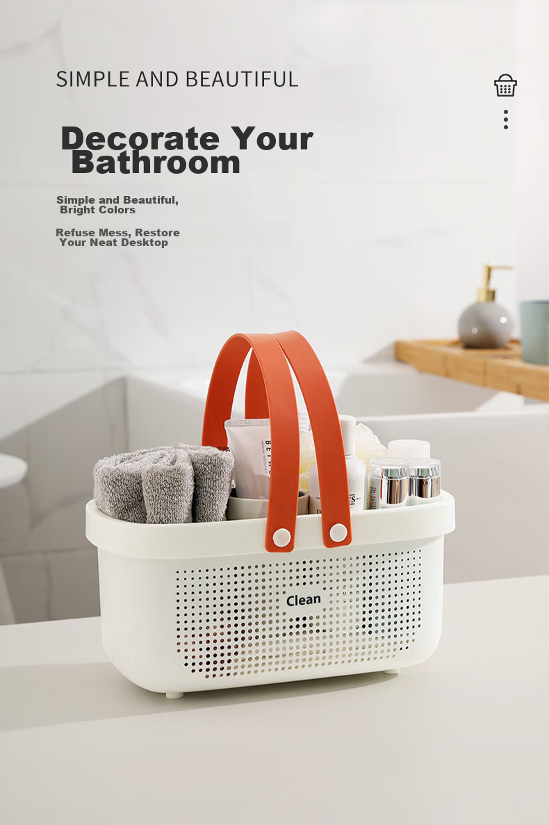 JEKO&JEKO Large Bath Basket with Handle, Toiletry Organizer for Student Dormitory, Bathroom, Shower Room Storage Basket, Orange And White 2