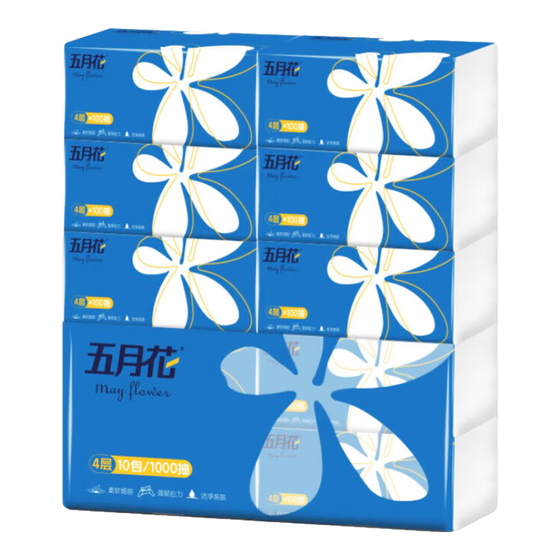 May Flower Facial Tissues, 4-Ply, 100 Sheets * 10 Packs, Soft And Gentle on Skin, Thickened And Durable Face Tissue