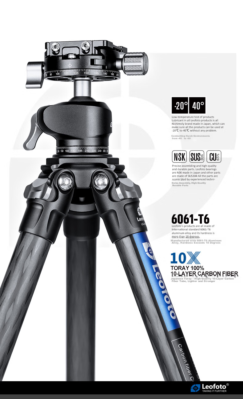 Leofoto Tripod, Carbon Fiber Phone Stand, Canon Nikon Sony Camera Lens Photography And Videography Tripod with Ball Head Kit LS-225C+LH 3