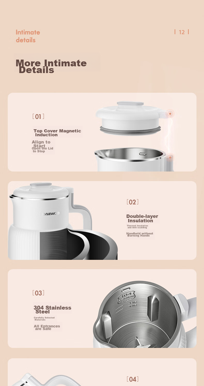 DAEWOO SM21S 2026 New Automatic Soy Milk Maker 0-Coating 316L Stainless Steel Micro-Pressure 4-5 Person White 25