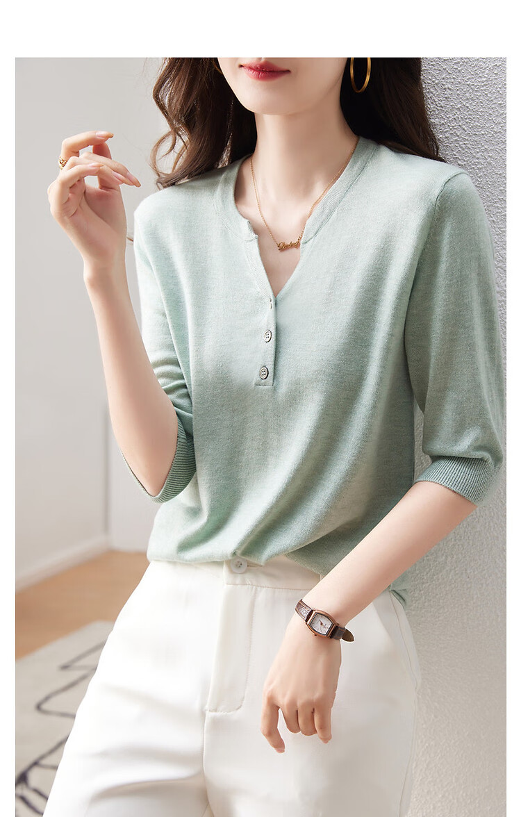Dme [Baohe Milk Cheese] Spring And Summer Semi-Open Collar Sweater with Wool, Five-Quarter Sleeve, Petite Knit Top for Wome 13
