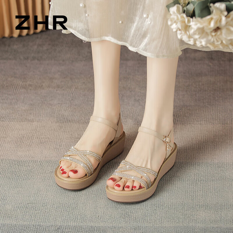 ZHR Women's Shoes, Summer Wedge Versatile Sandals, Fashionable Rhinestone Platform Slimming Beach Shoes for Women, AY161, Apricot Color, Size 35
