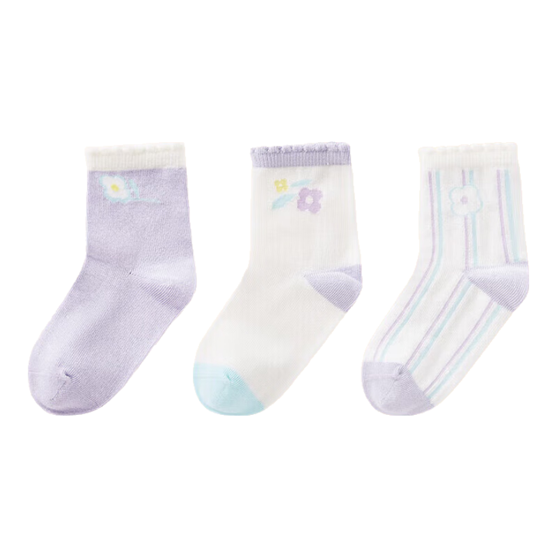 PurCotton Children's Antibacterial Mid-Calf Socks, 3 Pairs, for Boys And Girls, Baby Socks, All-Season Mesh Floor Socks