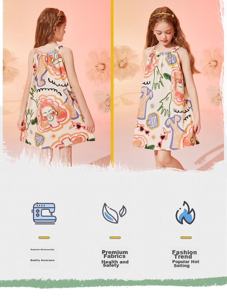 ASK JUNIOR Girls' Summer Dress, Children's Graffiti Spaghetti Strap Princess Dress, Beach Vacation Style 5
