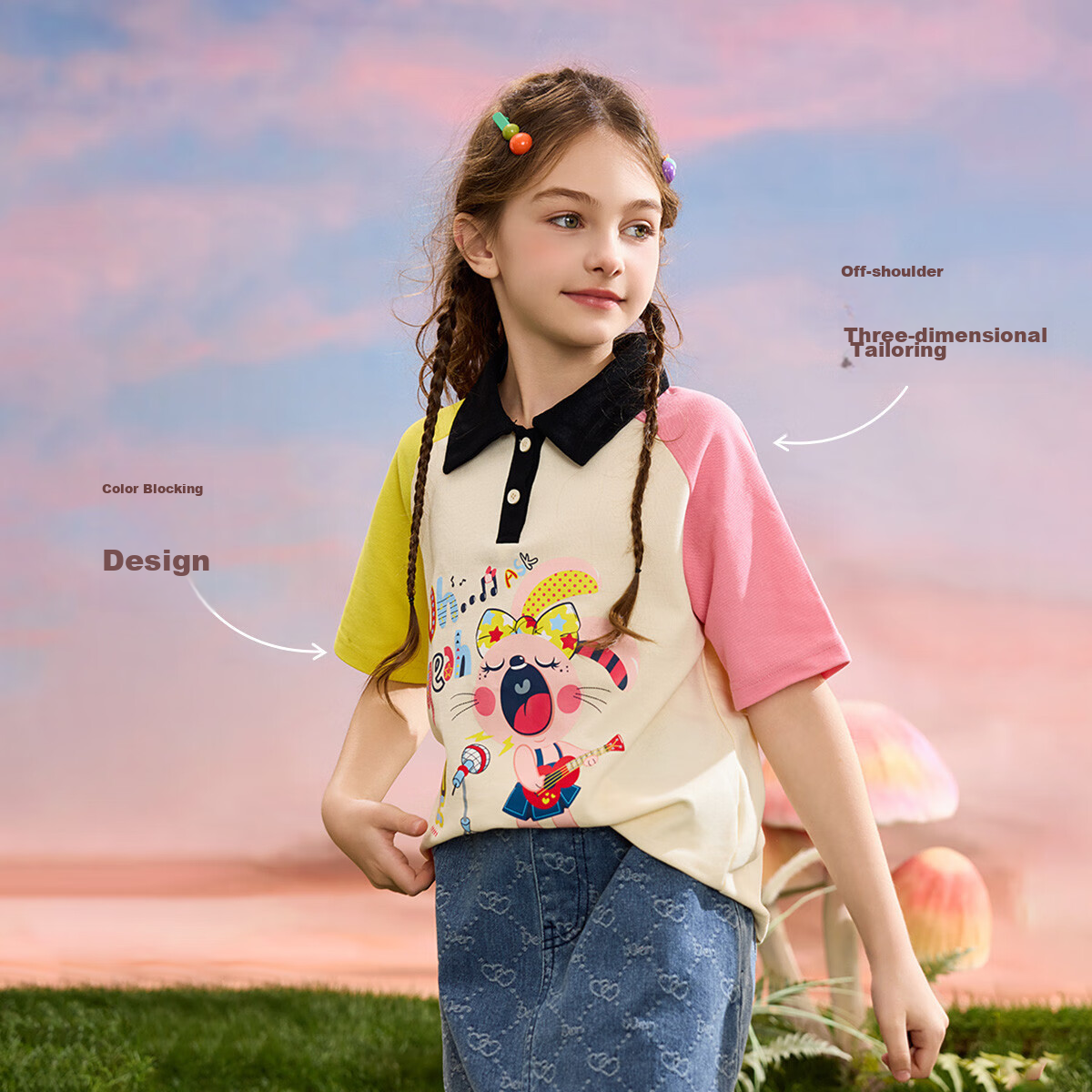 ASK JUNIOR Children's Thin Summer T-Shirt, Breathable Color-Block Sweet Casual Short-Sleeve Top for Girls, Beige 2
