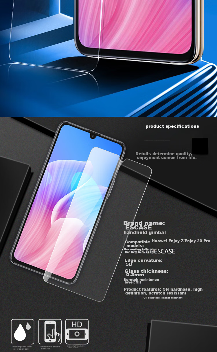 ESCASE Huawei Enjoy 20 Pro/Z Tempered Glass Screen Protector, Huawei 5G Non-Full Coverage Phone Protective Film, No White Edge, Non-Aqueous Coating, Shockproof [High Definition] 2