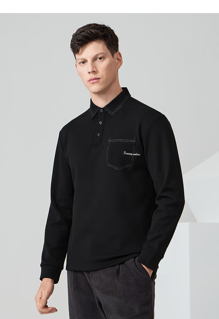 DANCING WOLVES [Fleece-Lined for Warmth] Autumn And Winter Fashionable Stitched Design Men's Long-Sleeve POLO Shirt, 001 Black, Size 175 10