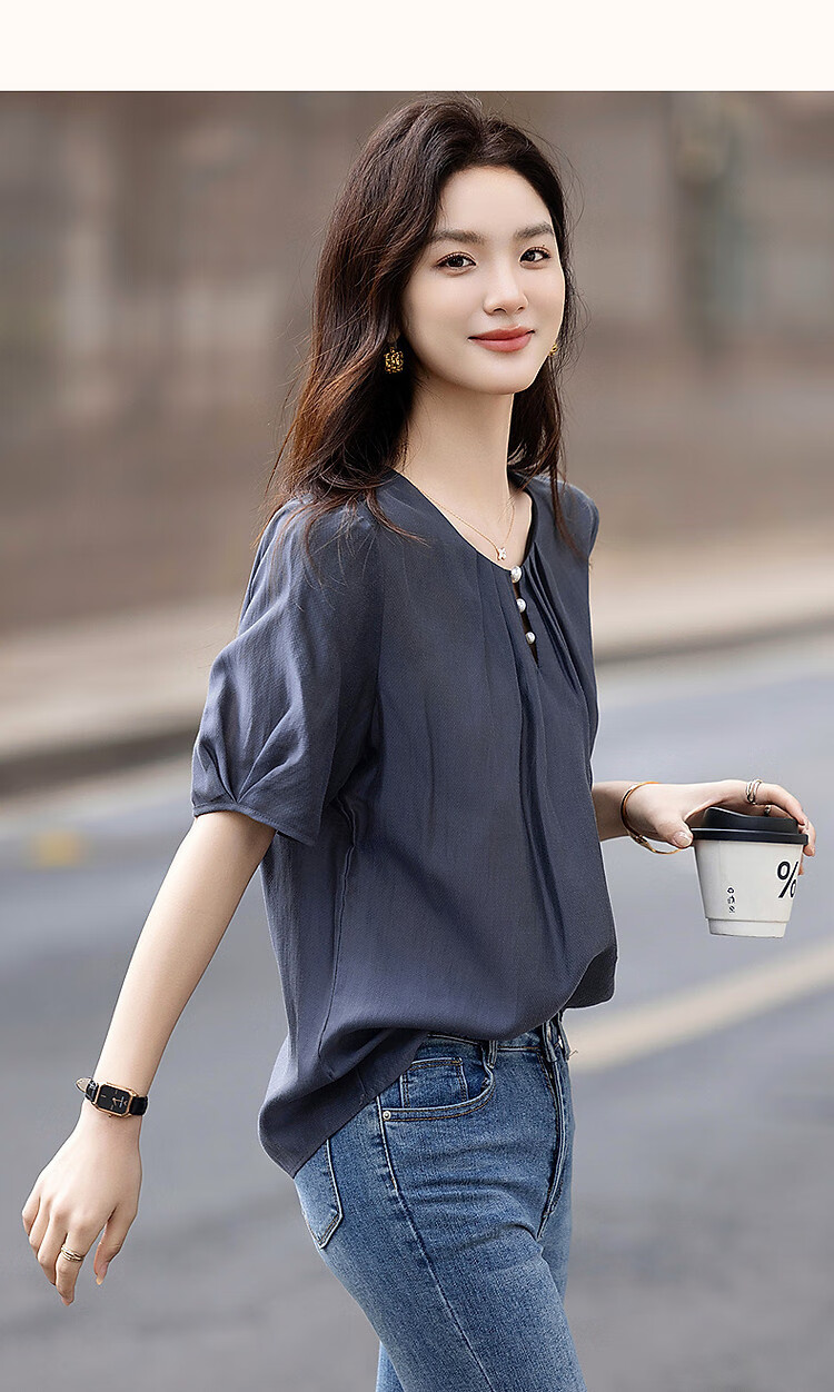 Dme [Selected Lyocell], Summer Pearl Decorated Round Neck Drip Button Shirt, Flowing Short-Sleeve Blouse, Women's Top 12