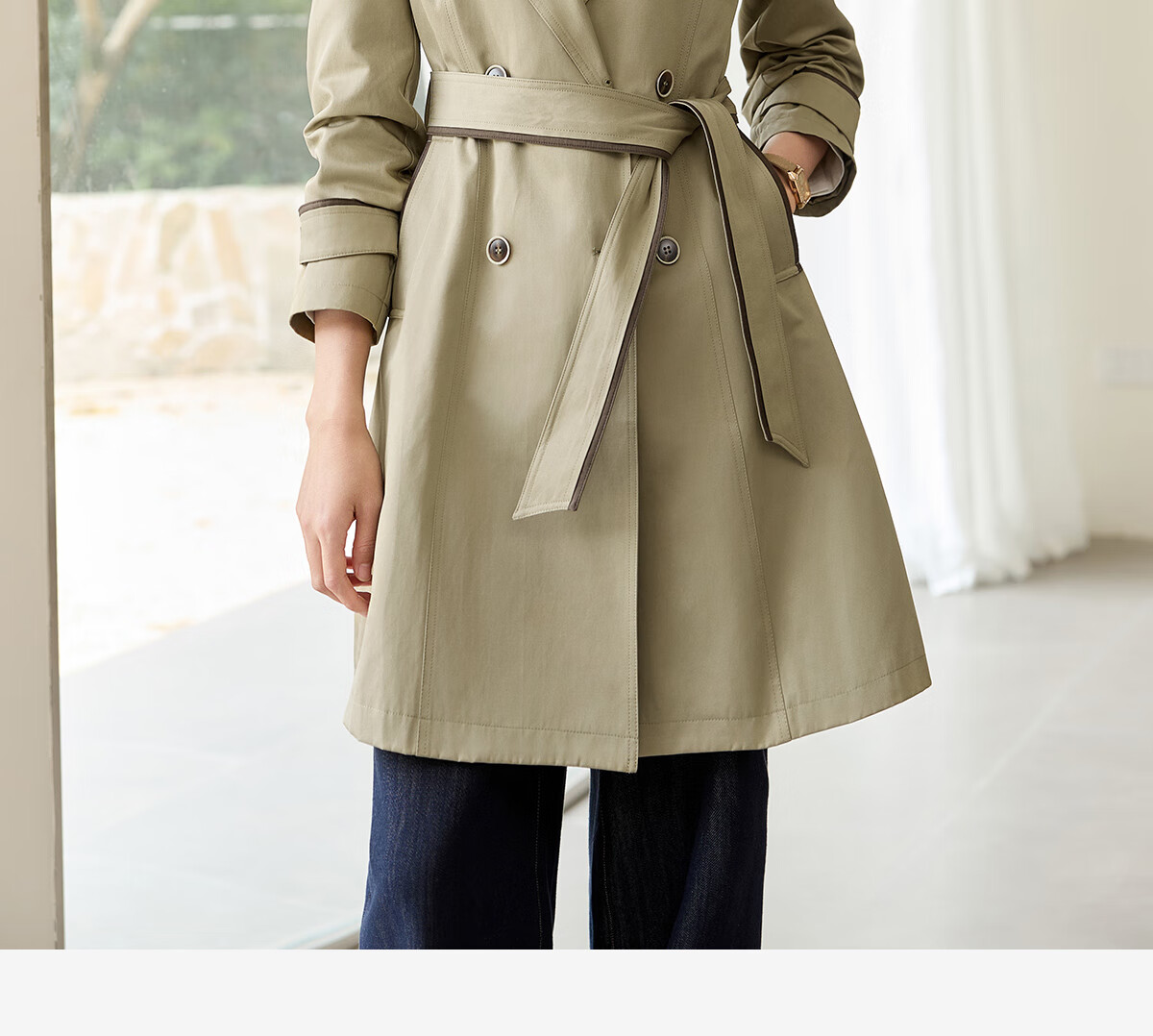 Chushen Spring And Autumn Double-Breasted Windbreaker for Women, Mid-Length, Elegant Classic H-Type Waist-Cinching Slimming Coat S51D003 5