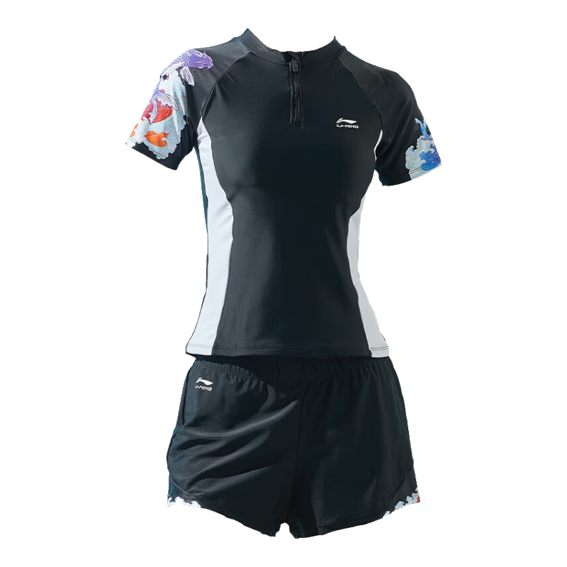 Li-Ning Women's Two-Piece Swimsuit Set, Push-Up Slimming Design, Suitable for Beach Vacation And Hot Springs, Chinese Style Swimwear 082 Black Size L