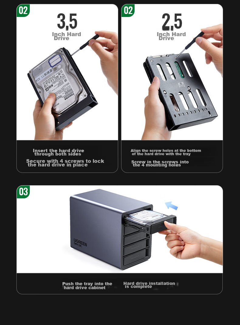 UGREEN Hard Drive Enclosure Multi-Bay Hard Drive Cage (No RAID Array, with Temperature-Controlled Fan) Compatible with Macmini/2.5/3.5 SATA Serial Mechanical And Solid State Drives 32