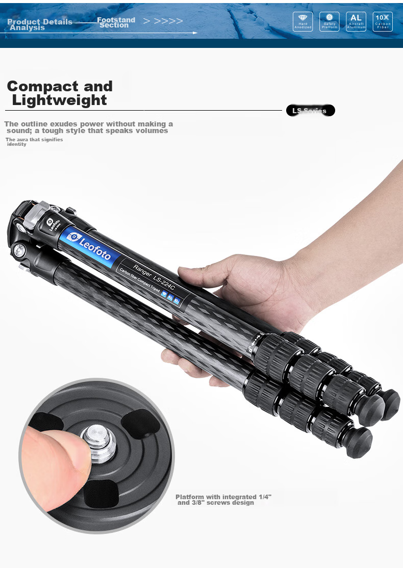 Leofoto Tripod, Phone Stand, Canon Nikon Sony Camera Portable Carbon Fiber Photography And Videography Travel Landscape Tripod with Ball Head Kit LS-224C+LH 16
