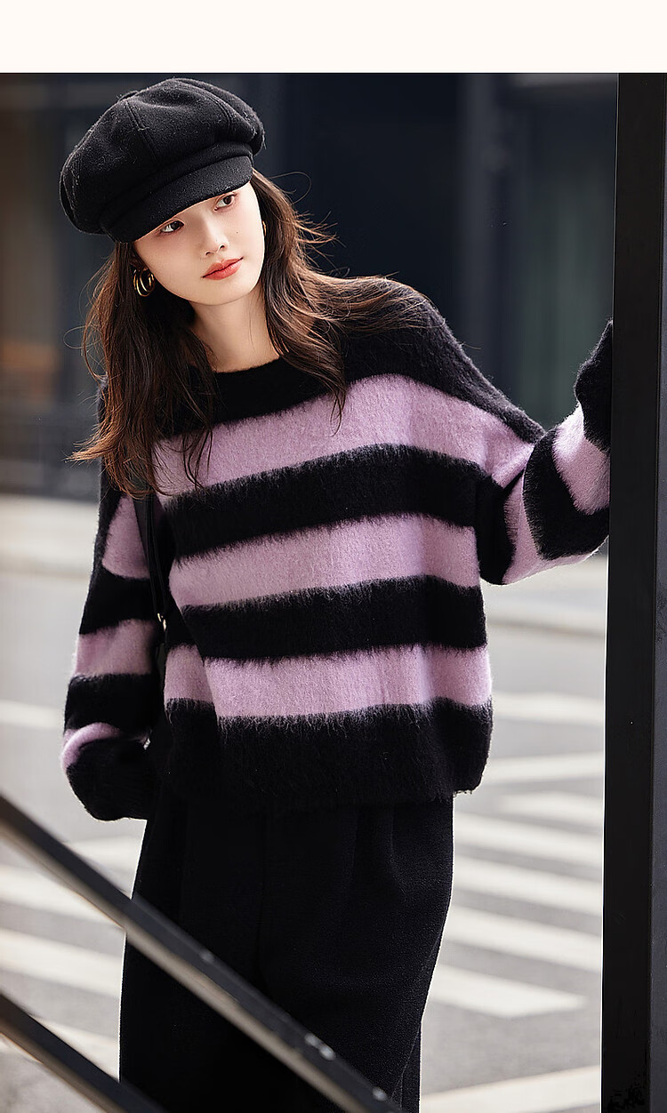 DME Fashionable Casual Style Winter Round Neck Raglan Sleeve Faux Fur Striped Elegant Color Block Knit Sweater Women's Top, Purple XL 14