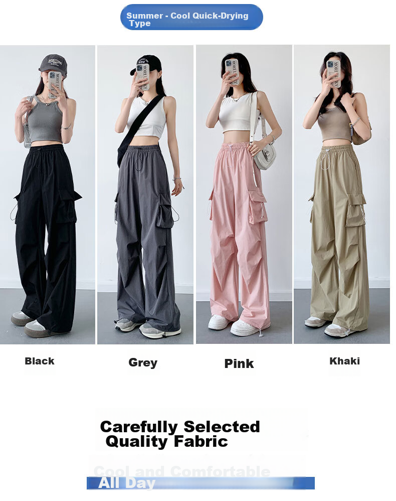 LangSha American-Style Parachute Cargo Pants for Women, Summer Ice Silk High-Waist Wide-Leg Loose Casual Quick-Dry Outdoor Sports Pants for Wome 14