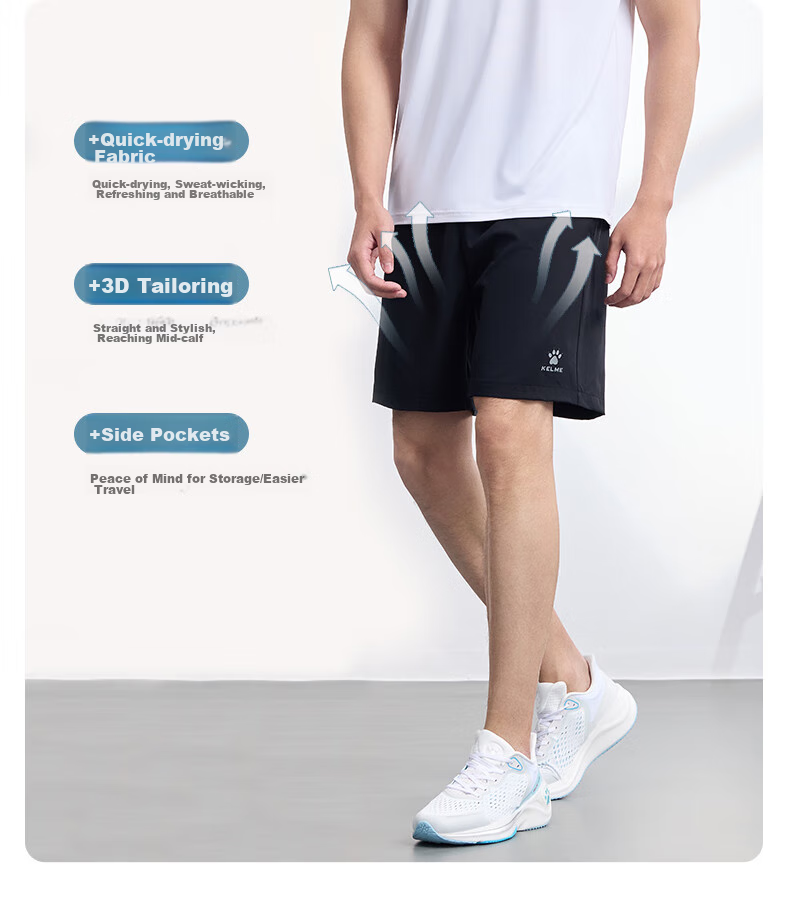 KELME Men's Sports Shorts, Woven Quick-Dry Training Running Shorts, Lightweight Breathable Knee-Length Shorts, Black, XL 7