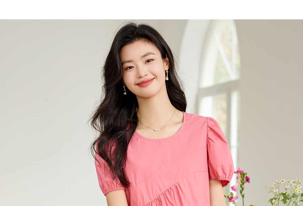 Taxiang Short-Sleeve Dress, Round Neck, Irregular Design, Loose Casual A-Line Skirt, Long Dress T143Q1357 8