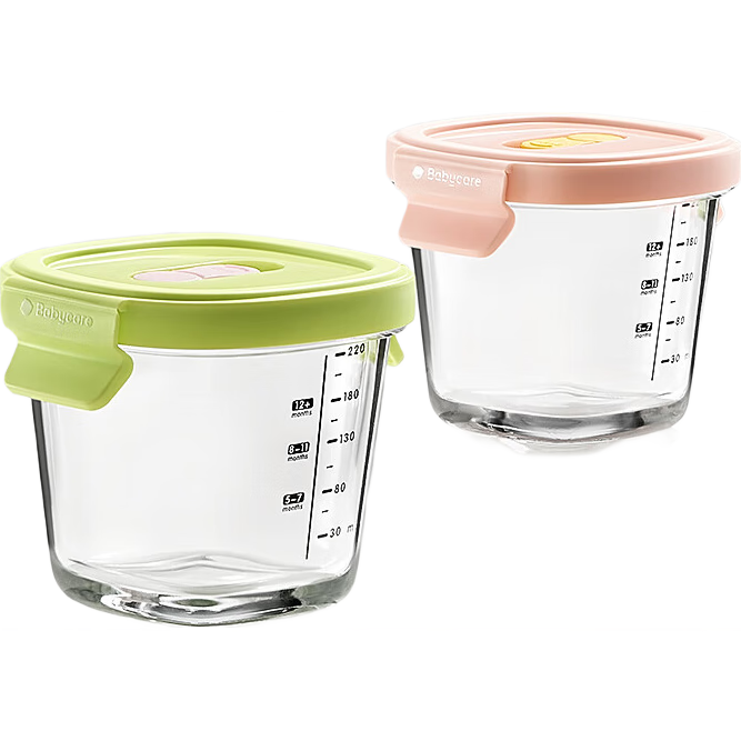 Babycare Baby Food Container, Glass Baby Food Storage Container, Portable Leakproof Steaming Cooking Freezing Storage Container, Green + Pink, 220ml