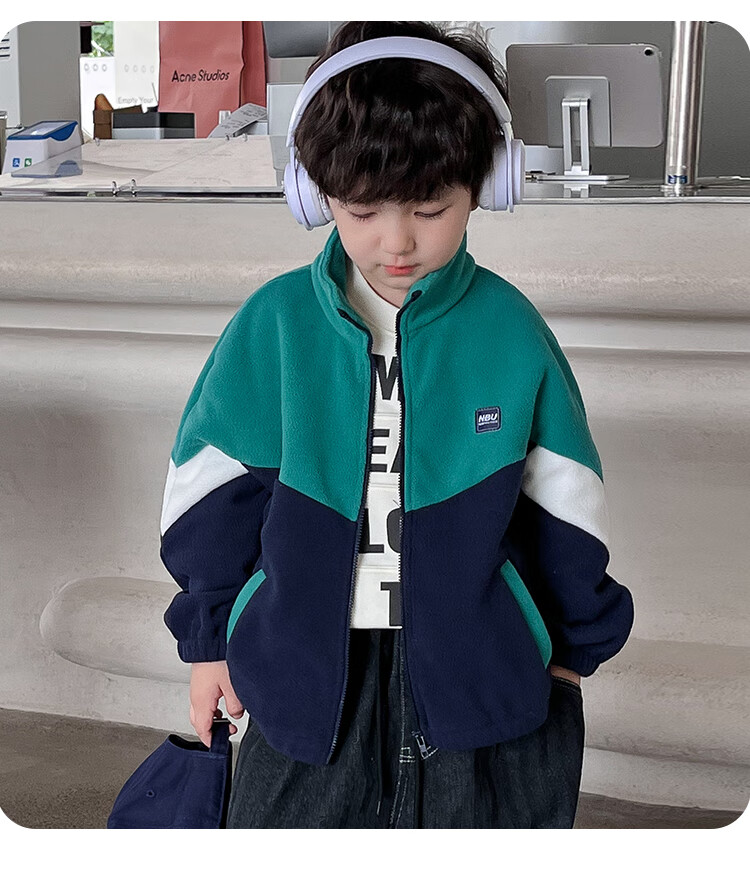 NUBIWU Children's Fleece Stand-Collar Jacket, Spring Boys' Outerwear, Stylish Sweatshirt, Big Kids' Fleece Patchwork Cardiga 25