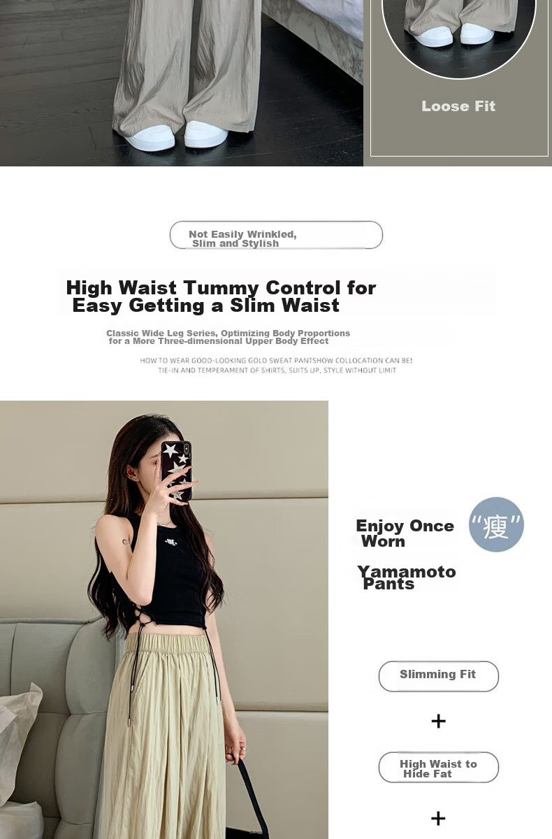 LangSha Ice Silk Wide-Leg Pants Women Summer Thin High Waist Draped Zen Lazy Yamamoto Style Cotton Linen Casual Pants 7