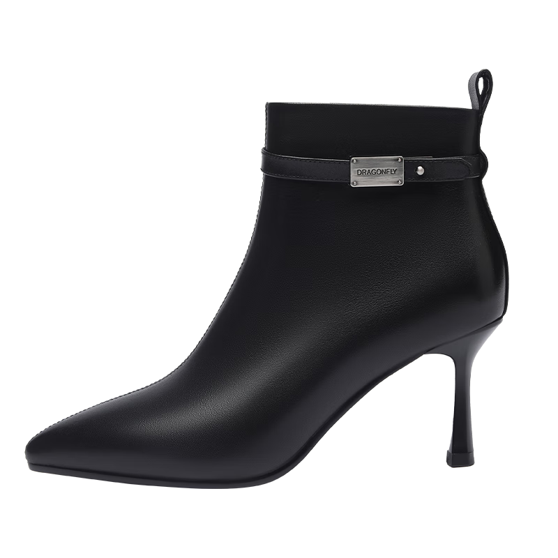 Red Dragonfly Women's Short Ankle Boots Pointed Toe High Heel Leather Autumn Winter Fleece Lined French Style Stiletto Ankle Boots WFC440961 Black Size 35