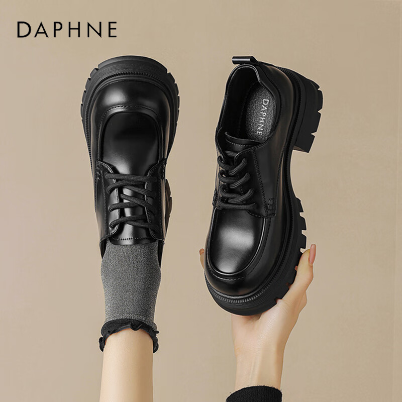 DAPHNE Women's Single Shoes, Thick-Soled High Heels Loafers, Lace-Up Versatile Leather Shoes, Women's Footwear 4024101276, Black, Size 37