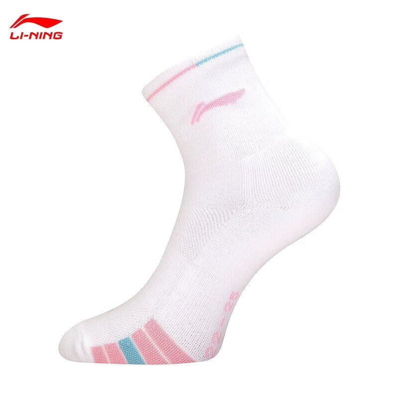 Li-Ning Badminton Socks, Mid-Calf Towel Sports Long Socks for Women, Moisture-Wicking Towel Socks, AWSU084-3 White/pink, One Pair
