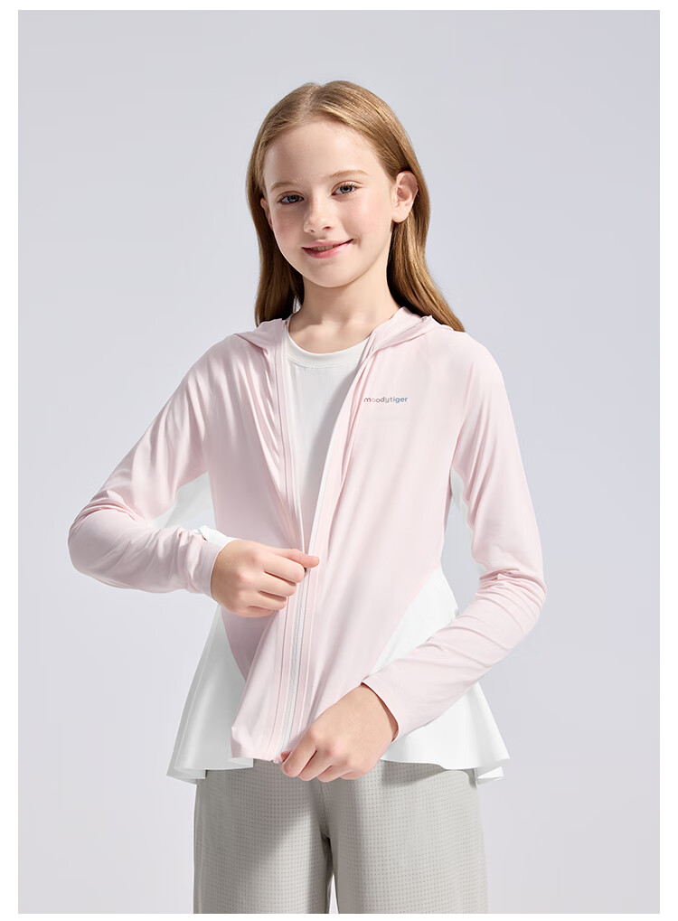 Moodytiger Children's Ice Silk Shirt, Summer Boys' Sun Protection Clothing, Cool Breathable Thin Style, Girls' Sun Protection Shirt, Color-Block Mosquito-Proof Skin Coat 32