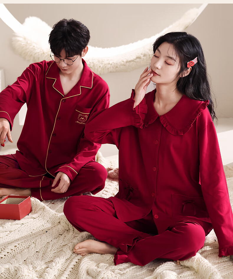 Yiduo Wedding Couple's Pajamas, Women's Autumn And Winter Pure Cotton Long-Sleeve Red, Zodiac Year, Men's And Women's Festive Home Wear Set 16