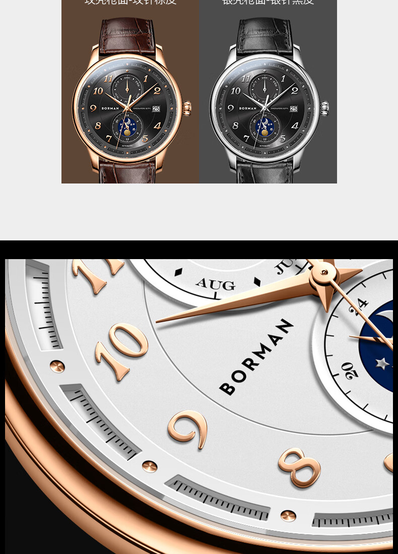 BORMAN BORMAN German Certified Men's Mechanical Watch, Fully Automatic Multifunctional Luxury Watch, Rose Gold Case with White Dial And Brown Leather Strap 4