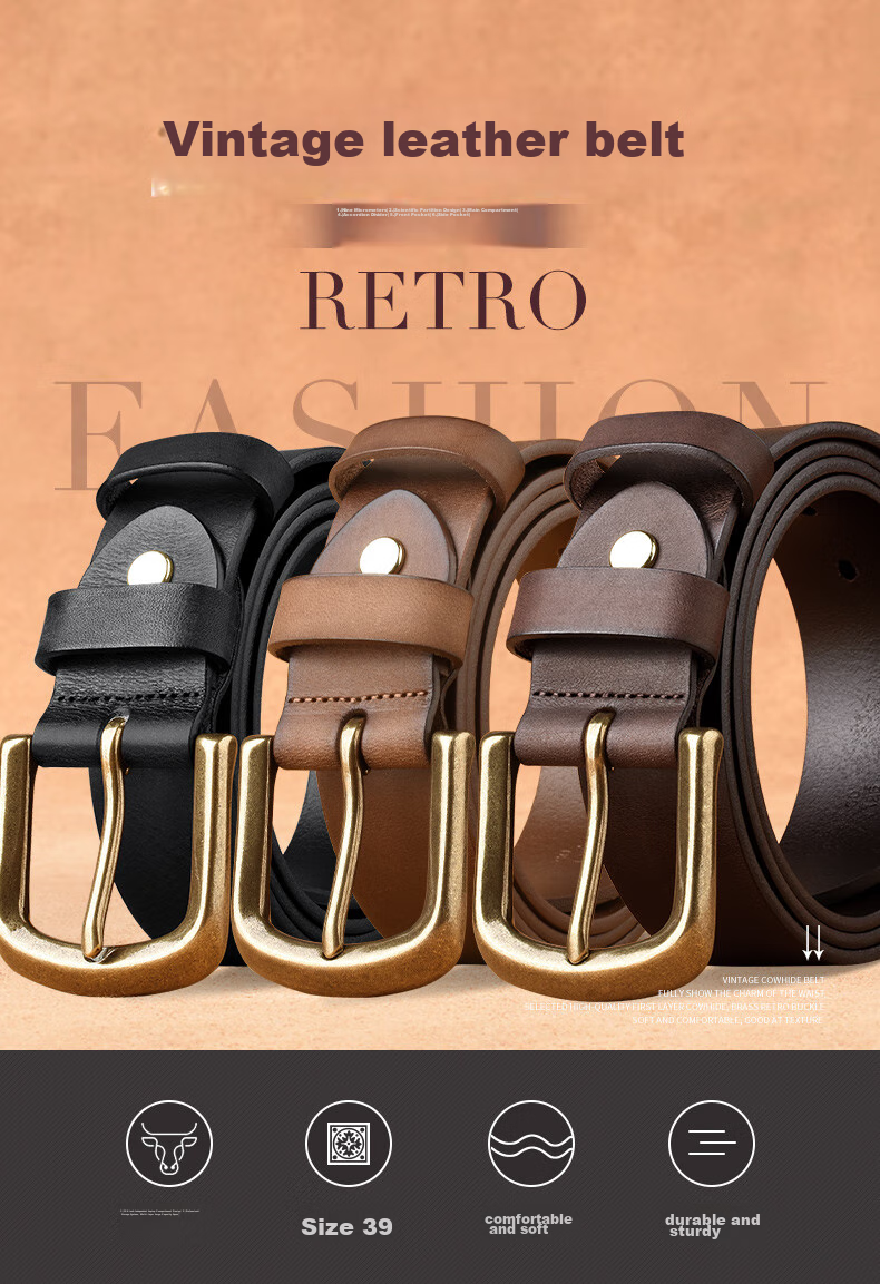 JEEP SPIRIT Men's Genuine Leather Belt with Pin Buckle, Business Style Vintage Belt, Birthday Gift Box for Boyfriend Or Husband 3
