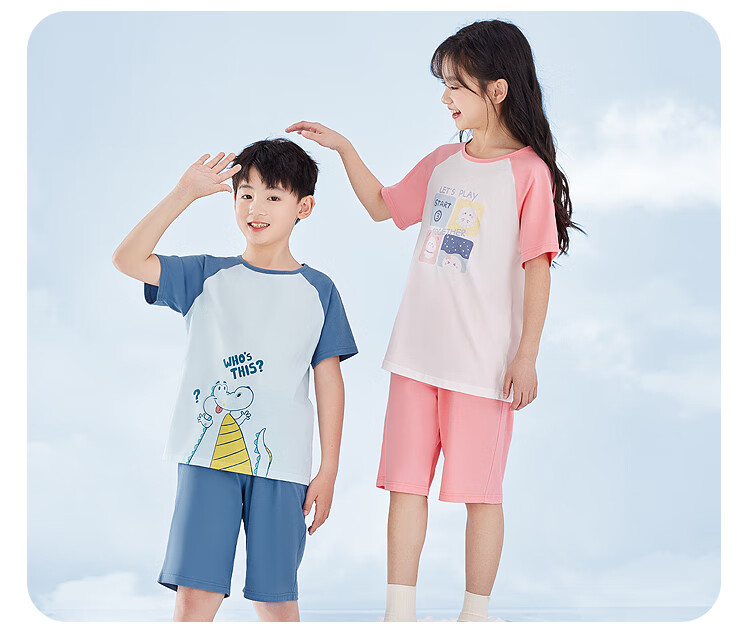 Hodohome Girls' Summer Pajamas Set, Pure Cotton Pullover Sleepwear with Short Sleeves And Shorts, Air Conditioning Wear, Style 306, Blue, Size 165 12