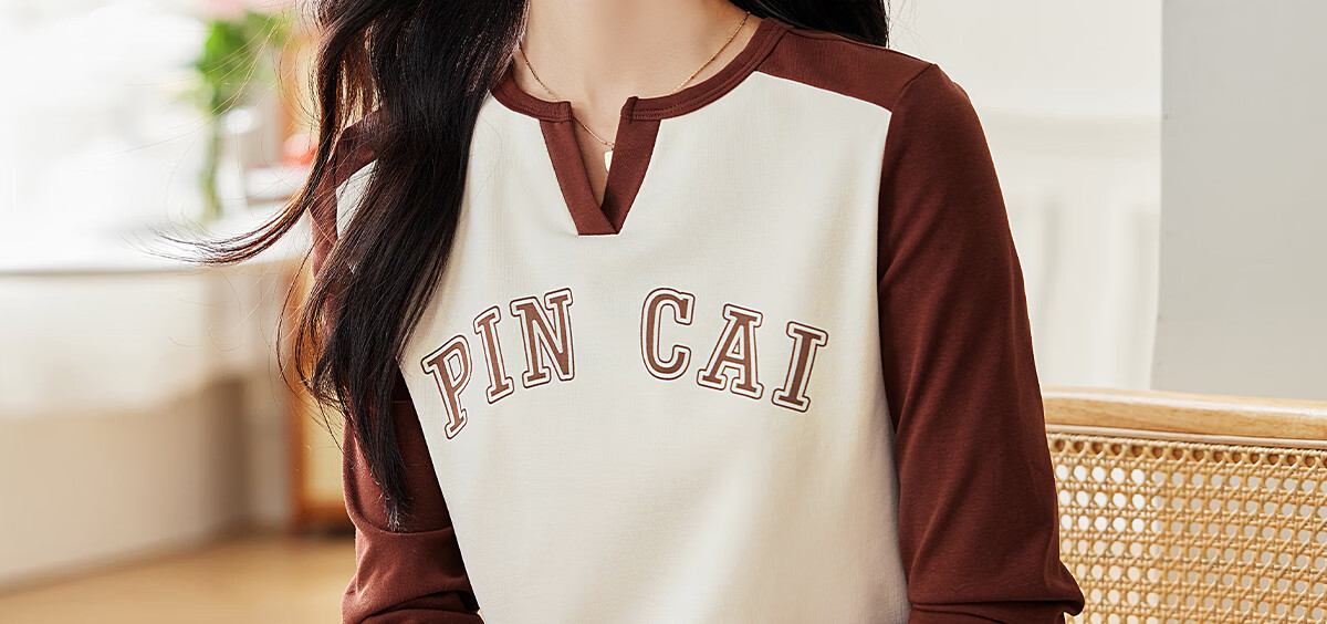 Pincai Women's Long Sleeve V-Neck Letter Print T-Shirt Unique Design Base Top P143T2037 24