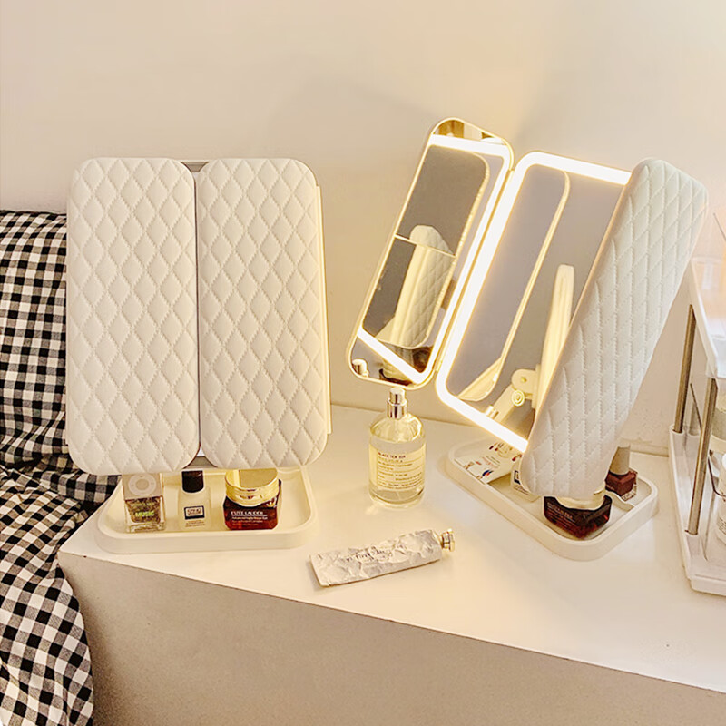 Jingxun LED Makeup Mirror with Smart Adjustable Three-Color Lighting, Tabletop Fill Light, One-Touch Charging, Christmas Gift with Light, Three-Sided Mirror, Desktop Makeup Mirror, Teacher's Day Gift