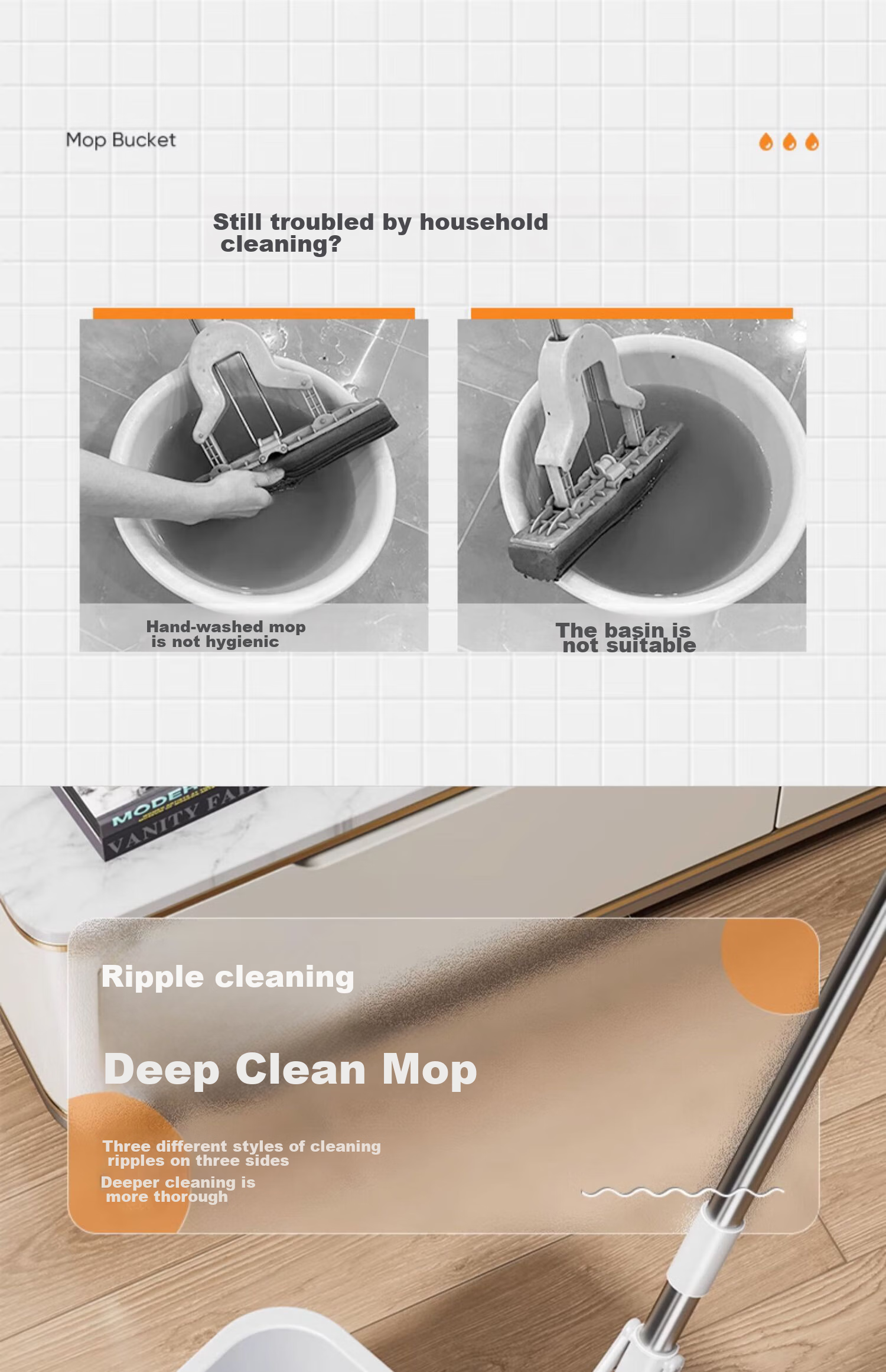 Jiabangshou Sponge Mop Floor Bucket, 33cm Household No-Hand Washing 2025 Model Mop Water Bucket, Rectangular with Enlarged Opening 3