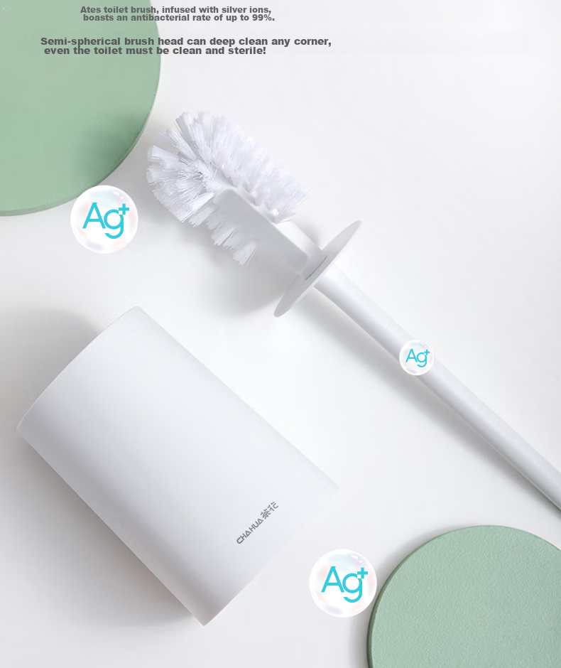 CHAHUA Toilet Brush Set with Extended Handle, Splash-Proof Long Bristles, Bathroom Cleaning Brush, Wall-Mounted 4